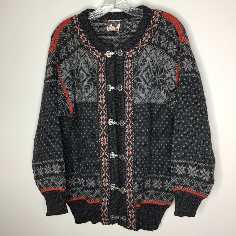 Dale of Norway Wool Cardigan Silver Clasps Grey Red SM